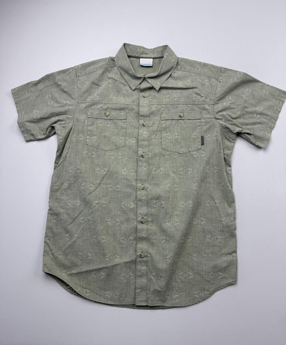 Columbia Shirt Mens Medium Green Geometric Short Sleeve Button Up Casual Outdoor